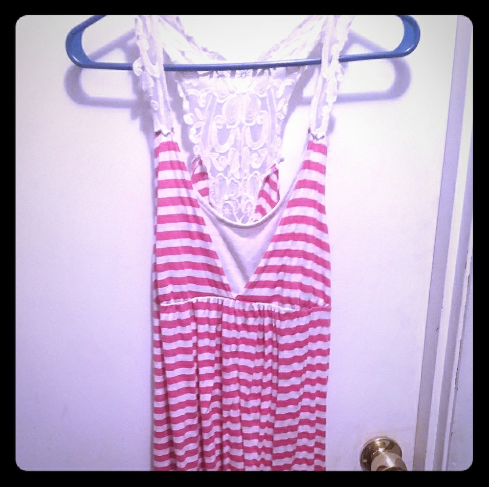 Pink and white strips tank top with lace back